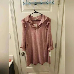 Joy Joy Pink Textured Dress NWT Size L V Neck Long Sleeve Ruffles #V507